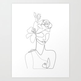 Blooming Portrait in black and white / Girl face line drawing with flowers / Explicit Design Art Print
