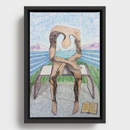 spin-off art: melancholy sculpture with a dropped open book and sea view Framed Canvas