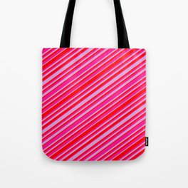 [ Thumbnail: Plum, Red & Deep Pink Colored Lined/Striped Pattern Tote Bag ]
