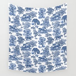 Elegant Vintage Blue Horse Toile Pattern Wall Tapestry