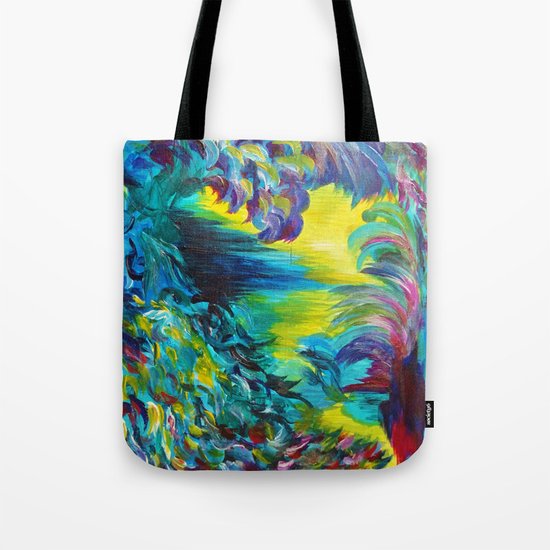 FLIGHT ON TAP - Whimsical Colorful Feathers Fountain Peacock Abstract Acrylic Painting Purple Teal Tote Bag