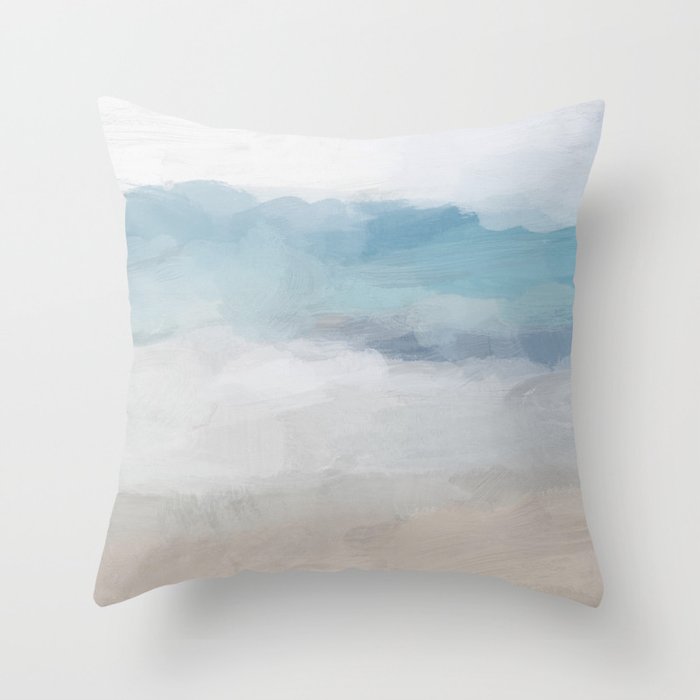 Beach Dream I - Light Aqua Blue Ocean Shore Waves Horizon Sandy Beige Abstract Ocean Painting Throw Pillow
