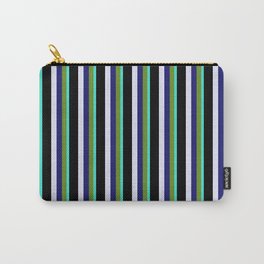 [ Thumbnail: Eye-catching Turquoise, Green, Midnight Blue, Lavender, and Black Colored Striped Pattern Carry-All Pouch ]
