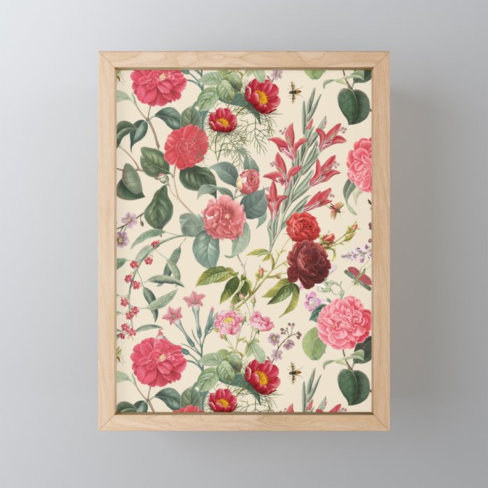 Blooming Rose Garden vintage botanical illustration collage - Buttercream  Framed Mini Art Print