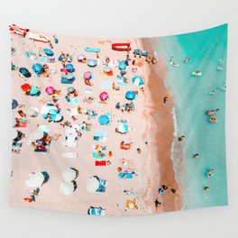 Coastal Beach Print, Aerial Ocean Beach Art Print, Summer Umbrellas On Beach, Holiday Time, Hot Sand Wall Tapestry