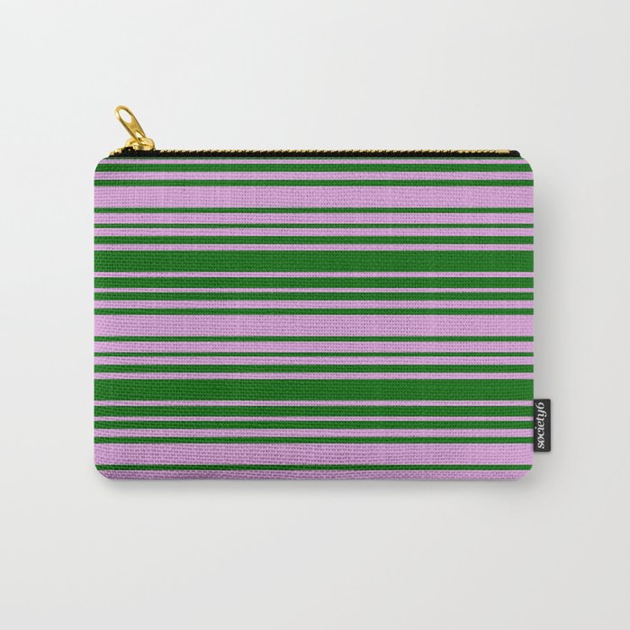 Dark Green and Plum Colored Striped Pattern Carry-All Pouch