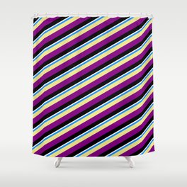 [ Thumbnail: Vibrant Blue, Tan, Purple, Black, and White Colored Pattern of Stripes Shower Curtain ]