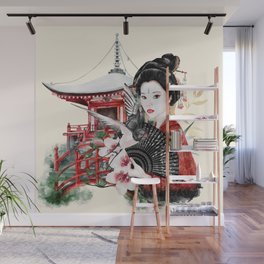 Beautiful Geisha In A Japanese Garden Wall Mural