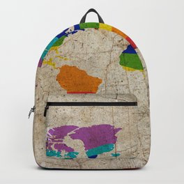 Rainbow color painted world map on dirty old grunge cement wall Backpack