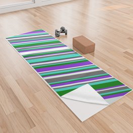[ Thumbnail: Dim Grey, Turquoise, Green, Purple & Mint Cream Colored Lined Pattern Yoga Towel ]