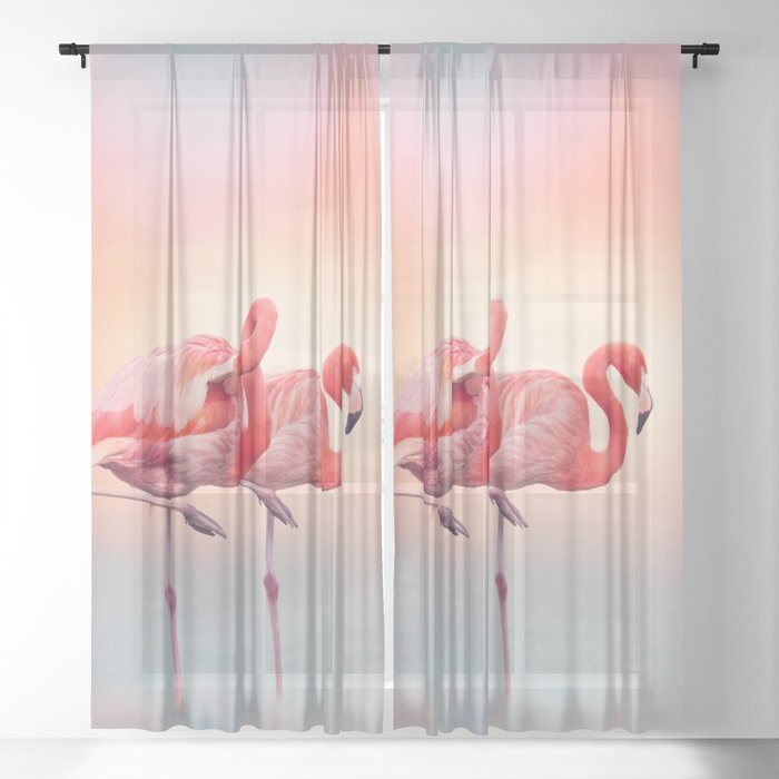 Two Pink flamingos in the water at sunset Sheer Curtain