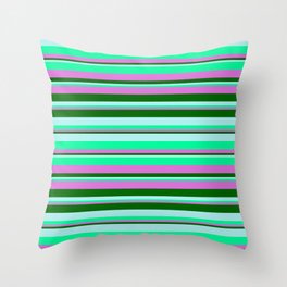 [ Thumbnail: Turquoise, Green, Orchid & Dark Green Colored Striped/Lined Pattern Throw Pillow ]