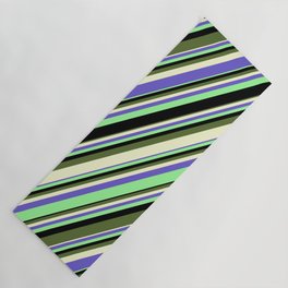 [ Thumbnail: Eye-catching Green, Black, Dark Olive Green, Light Yellow, and Slate Blue Colored Stripes Pattern Yoga Mat ]
