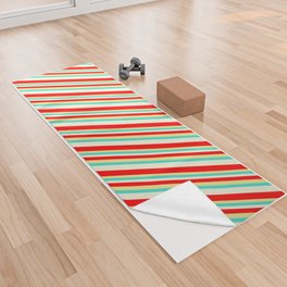 [ Thumbnail: Beige, Red, Tan, and Turquoise Colored Striped Pattern Yoga Towel ]