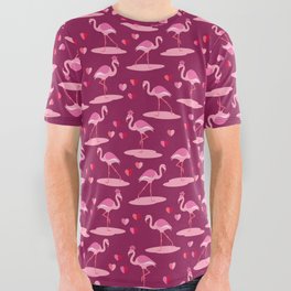 Valentine's Flamingos in love burgundy pattern All Over Graphic Tee