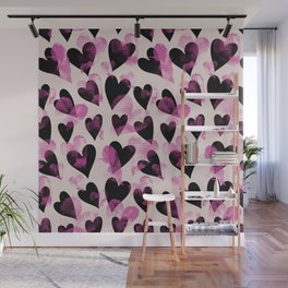 Pink, Black And Beige Heart Stamped Valentines Day Anniversary Pattern Wall Mural