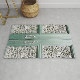 Cottage Chic Storybook Door - Turquoise and White Intricate Filigree Carved Architectural Close Up Travel Photography Rug
