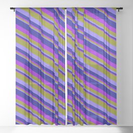 [ Thumbnail: Green, Medium Slate Blue, Dark Blue, and Dark Violet Colored Pattern of Stripes Sheer Curtain ]