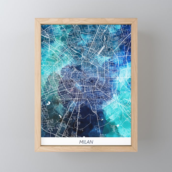 Milan Italy Map Navy Blue Turquoise Watercolor Framed Mini Art Print