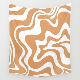 Liquid Swirl Retro Modern Abstract Pattern in Caramel Ochre and White Wall Tapestry