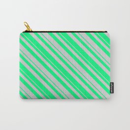 [ Thumbnail: Green & Light Gray Colored Striped/Lined Pattern Carry-All Pouch ]