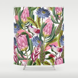 Seamless pattern with protea, tropical flowers and birds. Trendy floral vintage design Shower Curtain