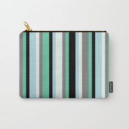 [ Thumbnail: Aquamarine, Black, Powder Blue, Mint Cream, and Gray Colored Pattern of Stripes Carry-All Pouch ]