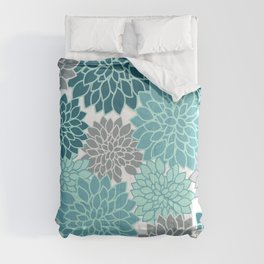 Dahlia Floral Blooms in Teal and Gray Comforter