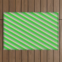 [ Thumbnail: Pale Goldenrod, Lime Green, and Dark Gray Colored Striped Pattern Outdoor Rug ]