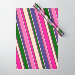 [ Thumbnail: Eye-catching Deep Pink, Dark Slate Blue, Bisque, Hot Pink, and Dark Green Colored Stripes Pattern Wrapping Paper ]