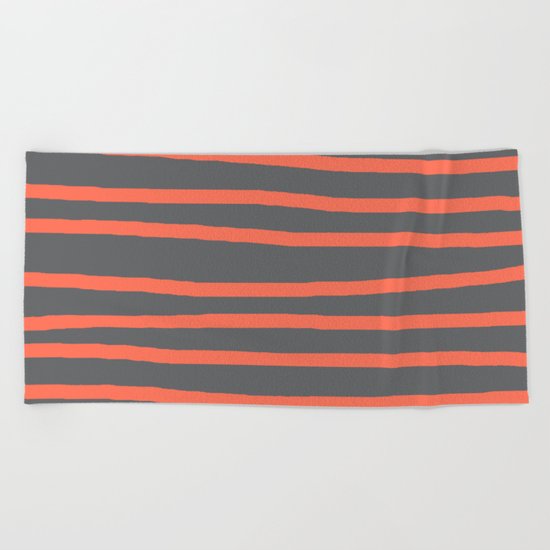 Simply Drawn Stripes Deep Coral on Storm Gray Beach Towel