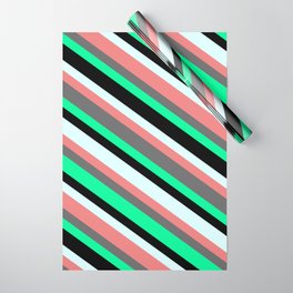 [ Thumbnail: Light Cyan, Light Coral, Dim Gray, Green & Black Colored Lined Pattern Wrapping Paper ]