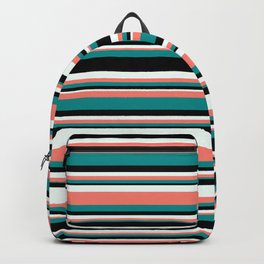 [ Thumbnail: Mint Cream, Salmon, Dark Cyan & Black Colored Lined/Striped Pattern Backpack ]