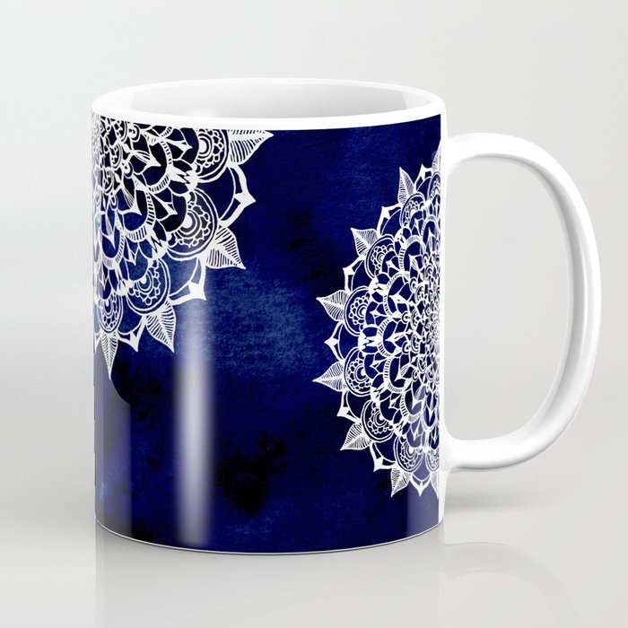 White Lace Medallion on Ink Blue Coffee Mug by Tangerine-Tane | Society6