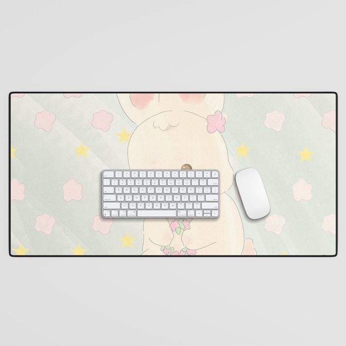 Rabbit playing with flowers Desk Mat