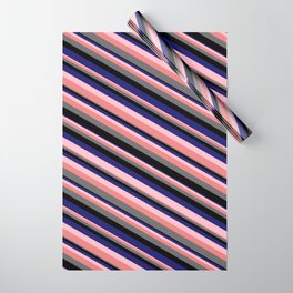 [ Thumbnail: Eye-catching Pink, Light Coral, Dim Grey, Black, and Midnight Blue Colored Stripes Pattern Wrapping Paper ]