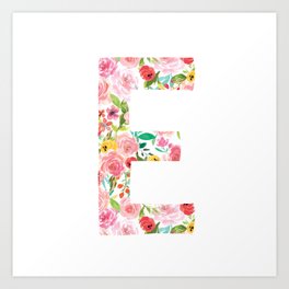 E botanical monogram. Letter initial with colorful watercolor flowers Art Print