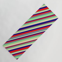 [ Thumbnail: Tan, Blue, Red, Light Slate Gray, and Light Green Colored Stripes/Lines Pattern Yoga Mat ]