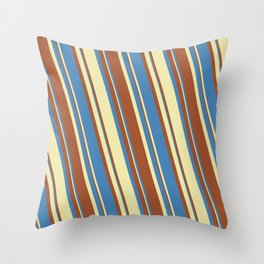 [ Thumbnail: Blue, Pale Goldenrod, and Sienna Colored Stripes/Lines Pattern Throw Pillow ]