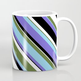 [ Thumbnail: Dark Olive Green, Sky Blue, Slate Blue, Black, and White Colored Lined Pattern Coffee Mug ]