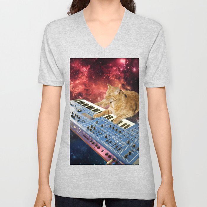 Space Cat With Synthesizer 1 Unisex V Neck By Fifteenexes Society6
