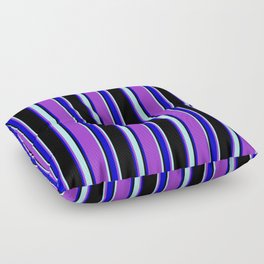 [ Thumbnail: Dark Orchid, Turquoise, Black, and Blue Colored Striped/Lined Pattern Floor Pillow ]