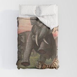 Herd Of Elephants Charging A Tiger - Vintage Lithograph - 1880 Duvet Cover