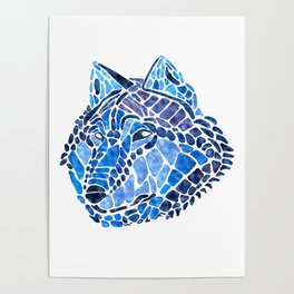 Blue Wolf Painted Mosaic Illustration Poster