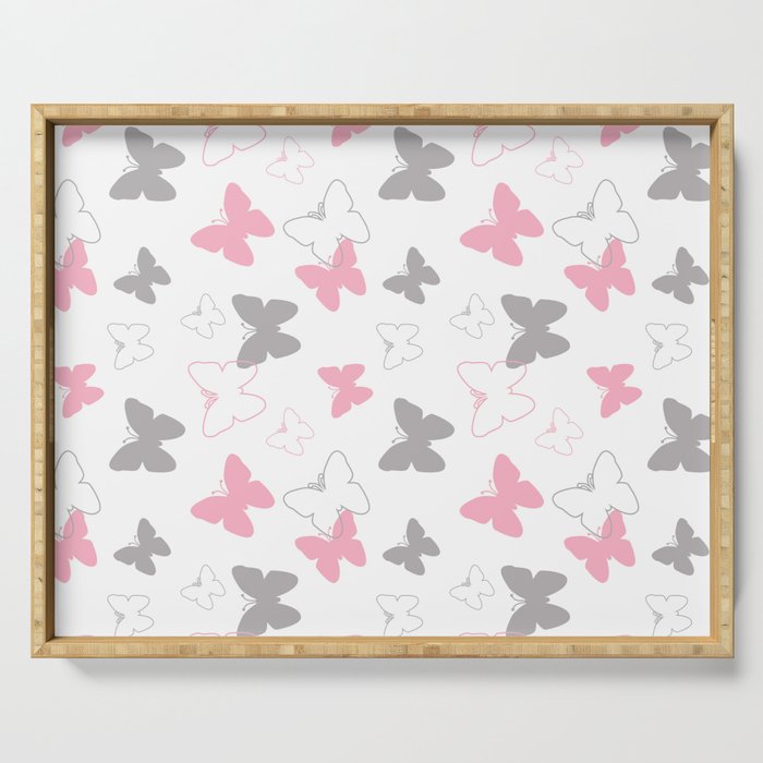 Pink Gray Butterfly Serving Tray