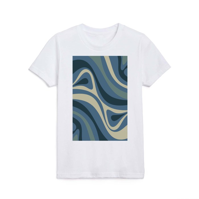 New Groove Retro Liquid Swirl Abstract Pattern in Muted Vintage Blue Kids T Shirt