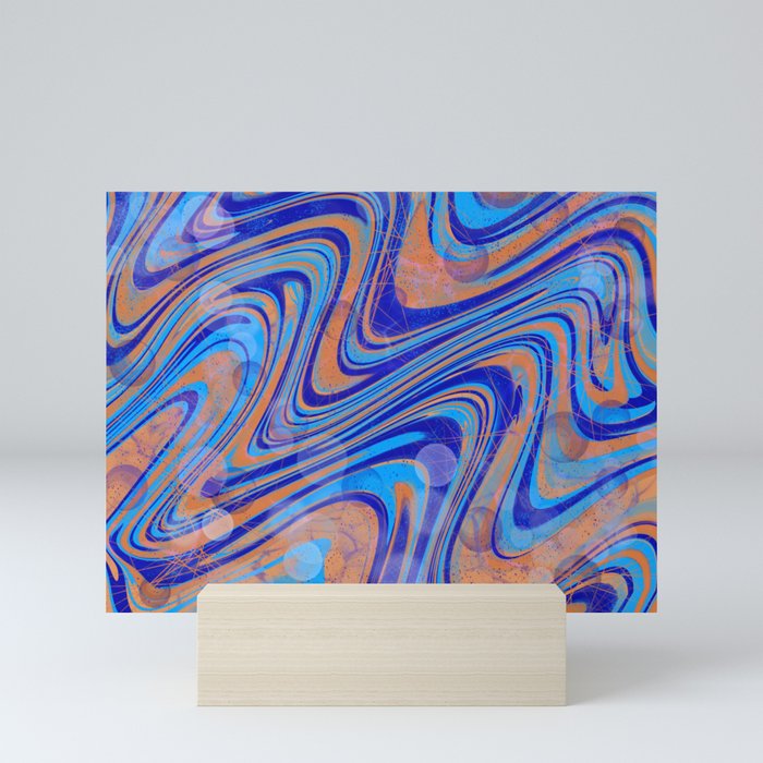 Blue and orange abstract marbled Mini Art Print