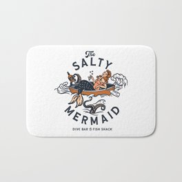 The Salty Mermaid Dive Bar & Fish Shack - Retro Pinup Mermaid Travel Art Bath Mat | Graphicdesign, Funnyshirt, Cute, Maine, Fishshack, Nautical, Divebar, Travel, Newengland, Whiskey 