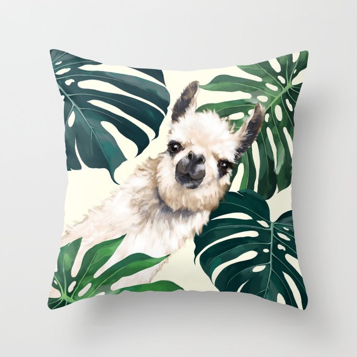 Sneaky Llama with Monstera Throw Pillow