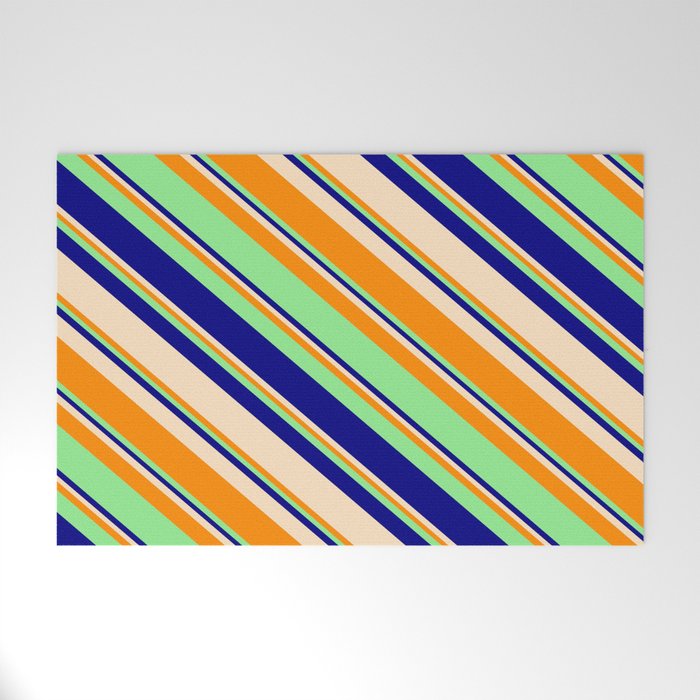 Light Green, Blue, Bisque, and Dark Orange Colored Stripes/Lines Pattern Welcome Mat
